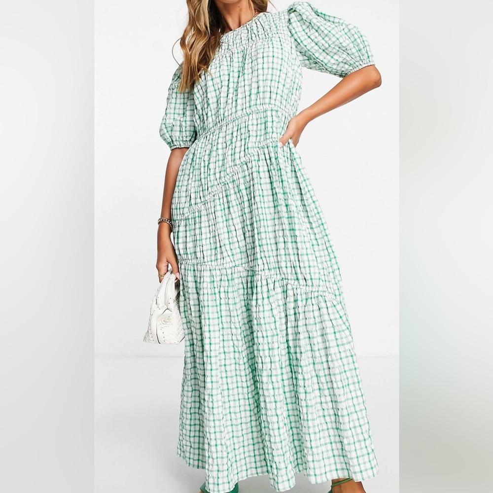 ASOS DESIGN gathered tiered midi dress in green picnic dress